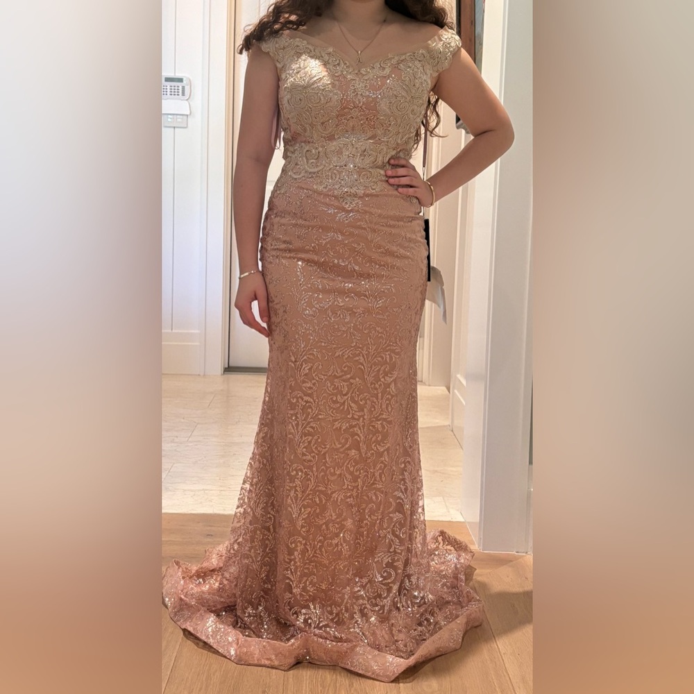 Elegant Gold Lace Prom Dress - Picture 2 of 7
